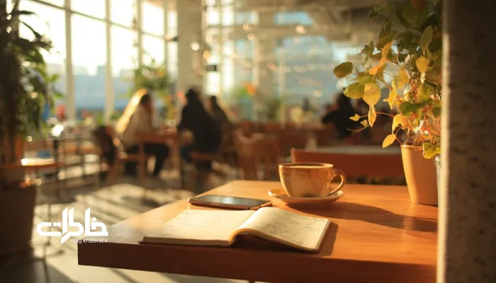 «میز کافه روشن با نور طبیعی، دفتر یادداشت باز کنار گوشی موبایل روشن و فنجان قهوه؛ تضاد میان خاطره‌نویسی سنتی و ثبت دیجیتالی لحظه‌ها – مجله خاطرات»